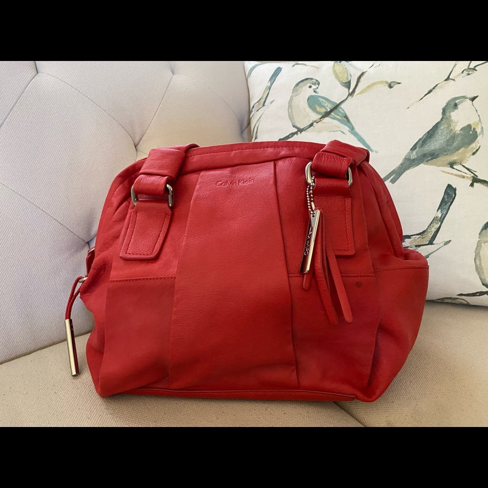 Red Leather Handbag with Shoulder Straps
